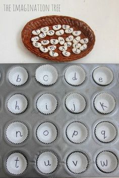 an image of a cupcake tray with letters and numbers on it, next to a photo of a muffin tin