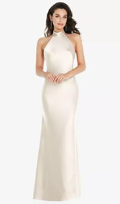 Scarf Tie High-neck Halter Maxi Slip Bridesmaid Dress In Ivory | The Dessy Group Champagne Color Dress, Dessy Collection, High Neck Halter, Scarf Tie, Social Dresses, Formal Skirt, Infinity Dress, Bridal Party Dresses, Dress Order