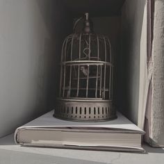 a birdcage sitting on top of a book next to a window sill