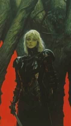 a painting of a woman in armor standing next to a tree with two swords on her shoulder