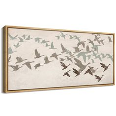 a flock of birds flying in the sky on a white background framed canvas wall art print