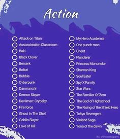 a purple poster with the words action and other things to do in front of it