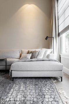 a living room with a couch, rug and window