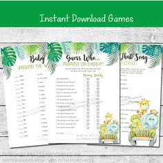 printable baby shower game with jungle animals and giraffes on the back