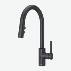 the black faucet is attached to the kitchen sink with an angled spout