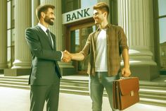 two men shaking hands in front of a bank building with columns and pillars behind them