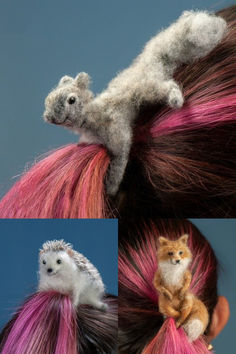 there are two pictures of the same animal on top of someone's pink hair