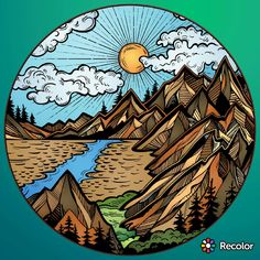 an image of mountains and water in a circle with the sun above them, as well as clouds