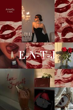 a collage of photos with the words ent - j written in red on them