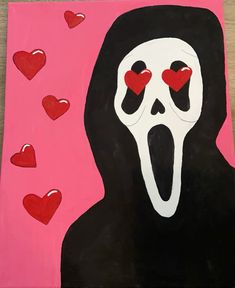 a painting of a skeleton with hearts on it's face and mouth, in front of a pink background