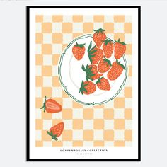 a poster with strawberries on a plate and checkered tablecloth in the background