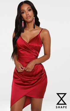 Dress Short Tight, Burgundy Homecoming Dresses, Robes Glamour, Red Satin Dress, Going Out Dress, Satin Wrap Dress, Gaun Fashion, 파티 드레스, Short Summer Dresses