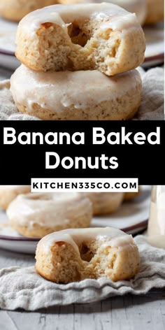 two images of banana baked donuts with icing