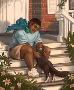 a painting of a woman sitting on the steps with a cat and dog next to her