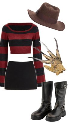 a woman in black and red outfit with boots, hat and handmade necklaces