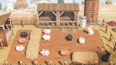 an animated farm scene with pigs, chickens and hay