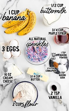 the ingredients to make banana pancakes are shown on a marble counter top with text overlay