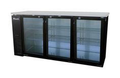 three glass door refrigerators with lights on each side and no doors in the front