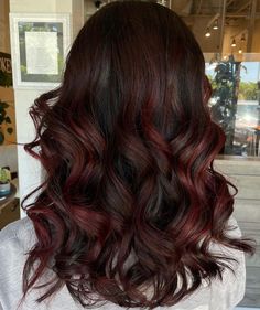 Cherry Red Streaks On Black Hair, Cherry Dr Pepper Hair Color, Cherry Red Highlights In Black Hair, Chocolate Cherry Hair Color With Highlights, Cherry Cola Hair Color With Highlights, Black Cherry Red Hair, Above Shoulder Hair, Cherry Brown Hair, Black Cherry Hair Color