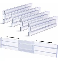 four clear acrylic file folders with dividers on each side and an arrow pointing to the top