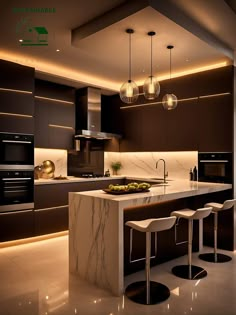 a modern kitchen with marble counter tops and bar stools