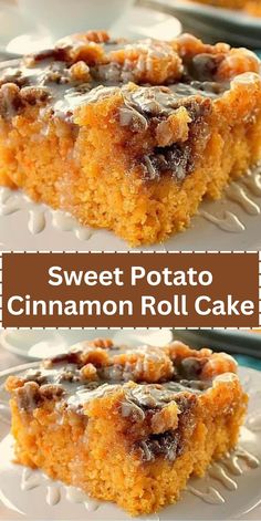 sweet potato cinnamon roll cake on a white plate with the words sweet potato cinnamon roll cake above it