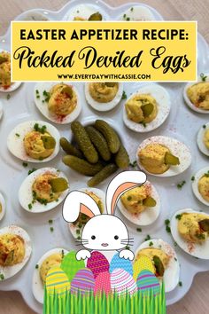 an easter appetizer recipe with pickles and deviled eggs on a platter