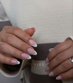 whitenails frenchnails nails nailart nailsofinstagram naildesign nailpolish nailstagram nailideas Dip Powder French Tip Almond, Round Tip Nails Acrylic, Almond Shape French Tip, Classic French Nails, Milky Pink Nails, Vacay Nails, Milky Pink, Formal Nails, French Manicure Nails