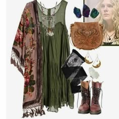 Free People Outfits Spring, Witch Boho Fashion, Green Boho Outfits, Teacher Boho Outfits, Green Witch Style, Hippy Witch Aesthetic, Green Witch Clothes, Fall Witch Aesthetic Outfits, Colorful Witch Outfit