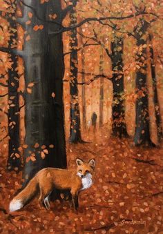 a painting of a fox in the woods with leaves on the ground and trees behind it