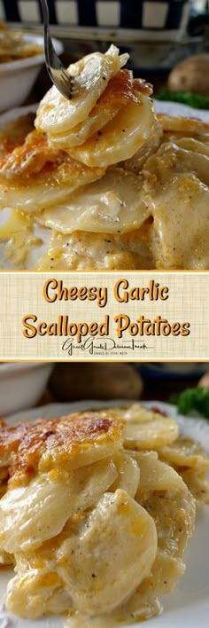 two pictures of some food on a plate with a fork in it and the words cheesy garlic scalloped potatoes