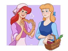 disney princesses are talking to each other while holding pretzels in their hands