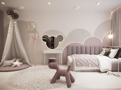 a bedroom decorated in pink and white with mickey mouse decorations on the walls, carpeted floor