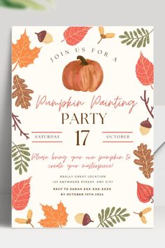 an autumn party card with leaves and pumpkins