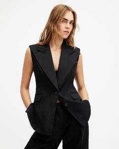 Hally Relaxed Fit Suit Black | ALLSAINTS US Black Suit Women, Waistcoat Women, Vest Suit, Waistcoat Woman, Sleeveless Blazer, Suit Waistcoat, Plain Outfits, Black Suit, Suit Style