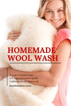 a woman holding a white stuffed animal in her arms with the words homemade wool wash on it