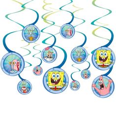 spongebob swirl decorations hanging from the ceiling with cartoon characters and bubbles on them