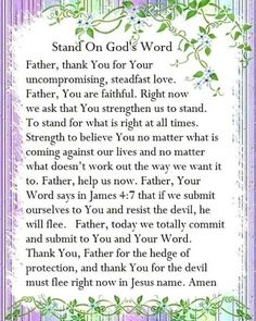 a poem written in purple and white with green leaves on the border, which reads stand on god's word