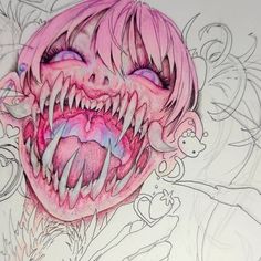 a drawing of a creepy face with pink hair and fangs on it's head