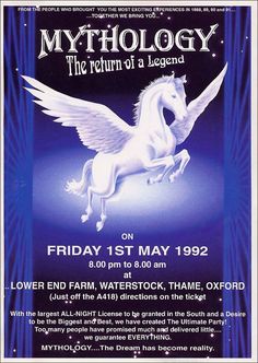 an event poster for mythology the return of a legend, featuring a white horse with wings