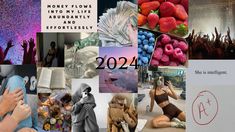 a collage of images with the words money flows into my life, abundance and eportiesity