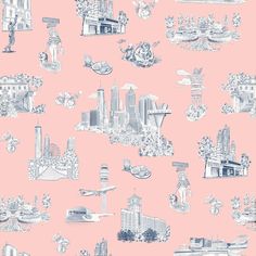 a pink wallpaper with black and white cityscape in the middle, on a light pink background