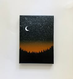 a painting on a wall with the moon and stars in the sky above trees at night