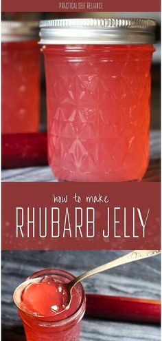 two jars filled with rhubarb jelly on top of a wooden table next to a spoon