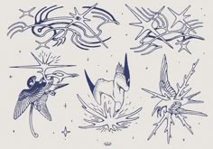 an old school tattoo design with birds and stars on the back of it's arm