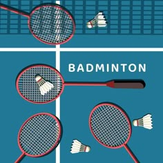 badminton rackets and shuttles on a tennis court with the word badminton above them