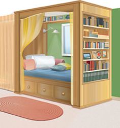 an image of a room with bookshelves and a bed in the corner on the floor