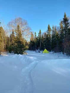 a tent pitched up in the snow near some trees