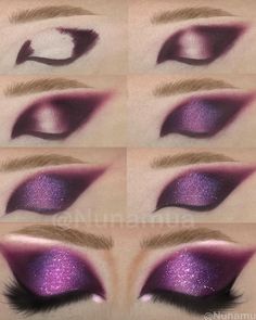 Purple Makeup Looks For Hooded Eyes, Dark Purple Eyeshadow Looks, Dark Purple Eye Makeup, Creative Eyeshadow, Purple Eyeshadow Looks, Perfect Illusion, Evening Eye Makeup, Hazel Eye Makeup, Glitter Makeup Looks