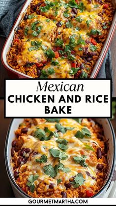 mexican chicken and rice bake in a casserole dish with the title above it